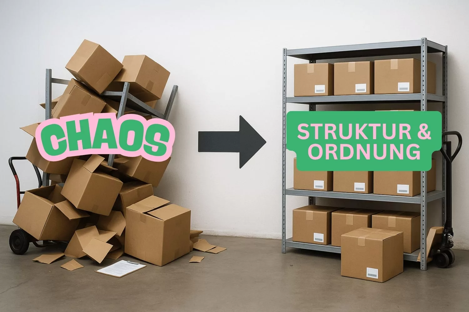 Unordentliches Lager mit umgestürzten Kartons auf der linken Seite, rechts geordnetes Regal mit Aufschrift ‚Struktur & Ordnung